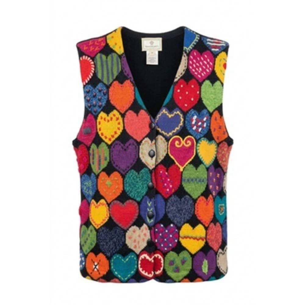 VTG Susan Bristol Vest Women M Multicolor Heart Embroidered Knit 90s Grandmacore